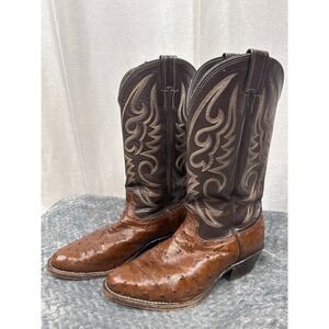 Larry Mahan Full Quill Ostrich Leather Western Cowboy Boots Brown Two ToneShaft